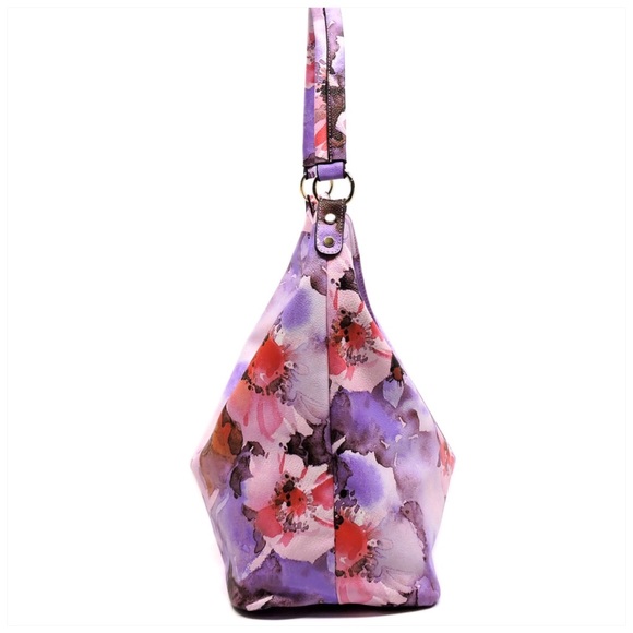 1LEFT Flower Printed Shoulder Bag Hobo Purple - Picture 4 of 7